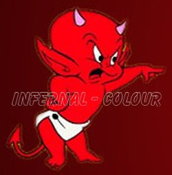 Kleiner roter Teufel mit Hörnern und Windel zeigt wütend nach links. Text: "INFERNAL - COLOUR".