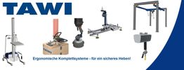 TAWI Hebesysteme und Kräne, ergonomisch für sicheres Heben, in einer Werbegrafik dargestellt.