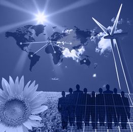 Weltkarte, Windrad, Sonnenblume und Menschen vor Solarpanelen, symbolisiert erneuerbare Energien.
