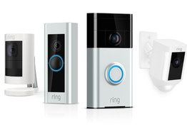 Various Ring security cameras and doorbells displayed on a white background.