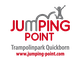 Logo mit der Aufschrift "Jumping Point, Trampolinpark Quickborn", springende Figur, Websiteadresse.