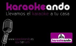Fondo negro con texto "karaokeando", micrófono y contacto: www.karaokeando.es, 654 581 673.