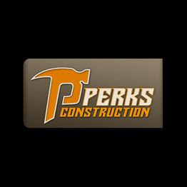 Logo for Perks Construction with a hammer forming the letter "P" on a gray background.
