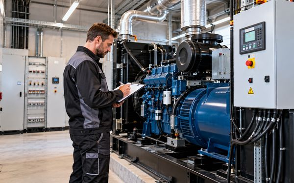 Ein Techniker überprüft ein industrielles Notstromaggregat in einem Technikraum und dokumentiert die Messwerte und Prüfergebnisse während eines Funktionstests.
