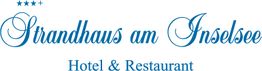 Logo von "Strandhaus am Inselsee" mit vier Sternen, blauem Text: Hotel & Restaurant.