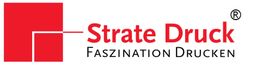 Rotes Quadrat-Logo von Strate Druck mit dem Slogan "Faszination Drucken".