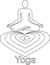 Strichzeichnung einer Person im Lotussitz über Herzformen mit dem Wort "Yoga" darunter.