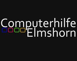 Schwarzer Hintergrund mit dem weißen Schriftzug "Computerhilfe Elmshorn" und bunten Quadraten.