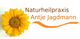 Gelbe Blume links, daneben Text: "Naturheilpraxis Antje Jagdmann" in Braun und Orange.