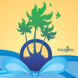 Pintura de coqueiros e pássaros sobre círculo azul e design de ondas. Texto: "EQUATORIAL PARK CLUB".