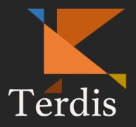 Logo van Terdis met oranje en blauwe driehoeken op een zwarte achtergrond.