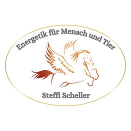 Pegasus-Logo mit Text: "Energetik für Mensch und Tier, Steffi Scheller" in einem Oval.