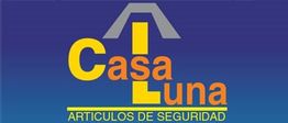 Logo de Casa Luna, artículos de seguridad, con fondo azul y letras amarillas y naranjas.