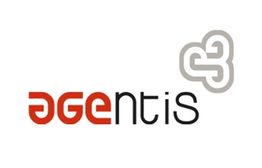 Logo de Agentis con el nombre en rojo y negro, y un símbolo gris a la derecha.