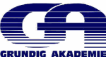 Logo der Grundig Akademie mit blauen Streifen und den Buchstaben "GA".