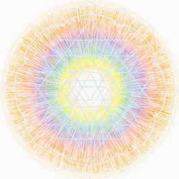 Bunte geometrische Muster mit einem sechseckigen Stern, umgeben von regenbogenartigen Kreisen.