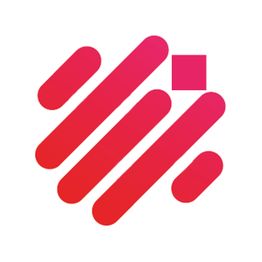 Rotes geometrisches Logo mit schrägen Linien und einem Quadrat auf weißem Hintergrund.