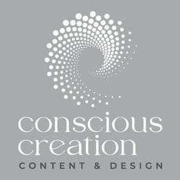 Logo mit spiralförmigen Punkten und Text: "Conscious Creation, Content & Design" auf grauem Hintergrund.