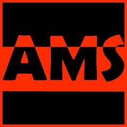 Texto "AMS" en negro sobre fondo rojo y negro.