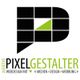 Logo der Agentur Pixelgestalter mit grünem Dreieck, Text: Webdesign, Medien, Design, Werbung.