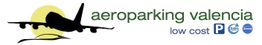 Logotipo de Aeroparking Valencia con avión, sol y texto "low cost".