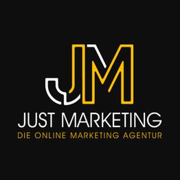 Logo mit "JM" und Text "Just Marketing - Die Online Marketing Agentur" auf schwarzem Hintergrund.