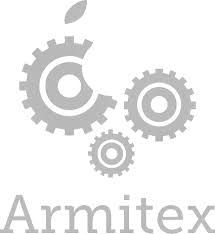 Logotipo de Armitex con engranajes y una forma de manzana mordida arriba de ellos.
