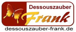 Rotes Logo mit Schmetterling, Text: "Dessouszauber Frank", Website: dessouszauber-frank.de.