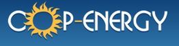 Logo con scritta "CO-ENERGY" su sfondo blu, la "O" è un sole stilizzato in colore giallo.