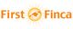 "Logo von First Finca mit orangefarbener Schrift und einer Sonne im Hintergrund."