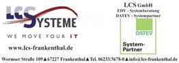 LCS Systeme Logo mit Kontaktinfos und DATEV System-Partner-Logo, "We Move Your IT" Slogan.