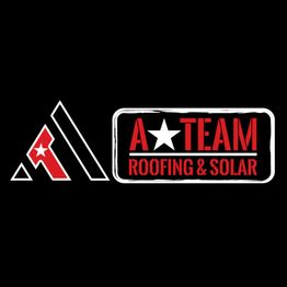Logo for A Team Roofing & Solar with a star, red text, and black background.