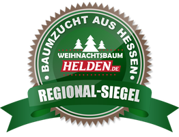Grünes Regionalsiegel "Baumzucht aus Hessen" mit Schriftzug "Weihnachtsbaum Helden".