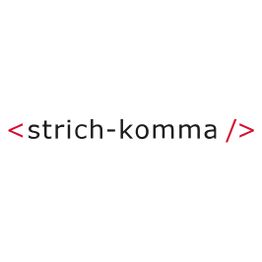 Schwarzer Text "strich-komma" in roten spitzen Klammern auf weißem Hintergrund.