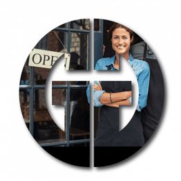 Smiling woman in apron stands near an open sign, part of a circle logo overlay.