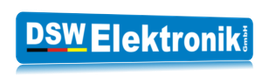 Blaues Logo mit Schriftzug "DSW Elektronik GmbH" und Flagge in Schwarz, Rot, Gold.