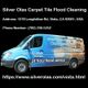 Blue cleaning service van with Silver Olas branding and contact info for flood services.