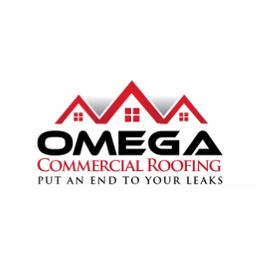 Logo of Omega Commercial Roofing with red rooftops and the tagline "Put an end to your leaks".
