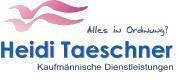 Logo mit "Heidi Taeschner" und Text "Kaufmännische Dienstleistungen", rosa Wellen oben.