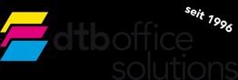 Logo von dtb office solutions mit bunten Streifen und Text "seit 1996".