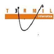 Logotipo com texto "3TERMIL informática" em laranja e preto, com linha curva desenhada.