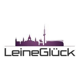 Logo mit Hannover Skyline und Schriftzug "LeineGlück" in lila und schwarz.