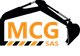 Logo avec "MCG SAS" et silhouette de pelleteuse.