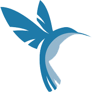 Stijlvolle, blauwe kolibrie-silhouette met open vleugels en gebogen snavel.