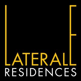 Logo texte jaune "Lateral Residences" sur fond noir, lignes décoratives.