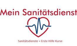 Logo mit Herz und EKG-Linie, Text: "Mein Sanitätsdienst, Sanitätsdienste + Erste Hilfe Kurse".