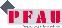 Logo von Pfau Verpackung + Service GmbH mit stilisiertem roten Text und grauen Elementen.