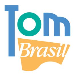 Logotipo com as palavras "Tom Brasil" em letras estilizadas.