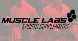 "Muscle Labs Sports Supplements logo with two people and hexagonal design elements."