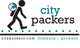 Logo mit Reisendem und Rucksack, Text: "city packers, citypackers.com, Hamburg, Germany".